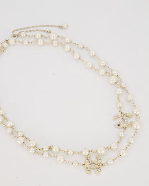 Chanel Pearl Long Necklace with CC Logo Crystal Embellishments and Silver Hardware