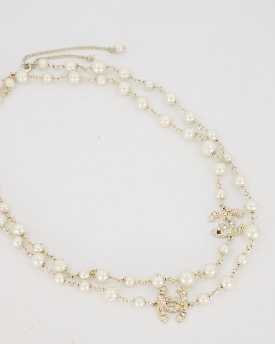Chanel Pearl Long Necklace with CC Logo Crystal Embellishments and Silver Hardware
