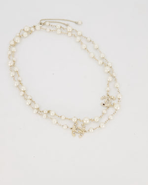 Chanel Pearl Long Necklace with CC Logo Crystal Embellishments and Silver Hardware