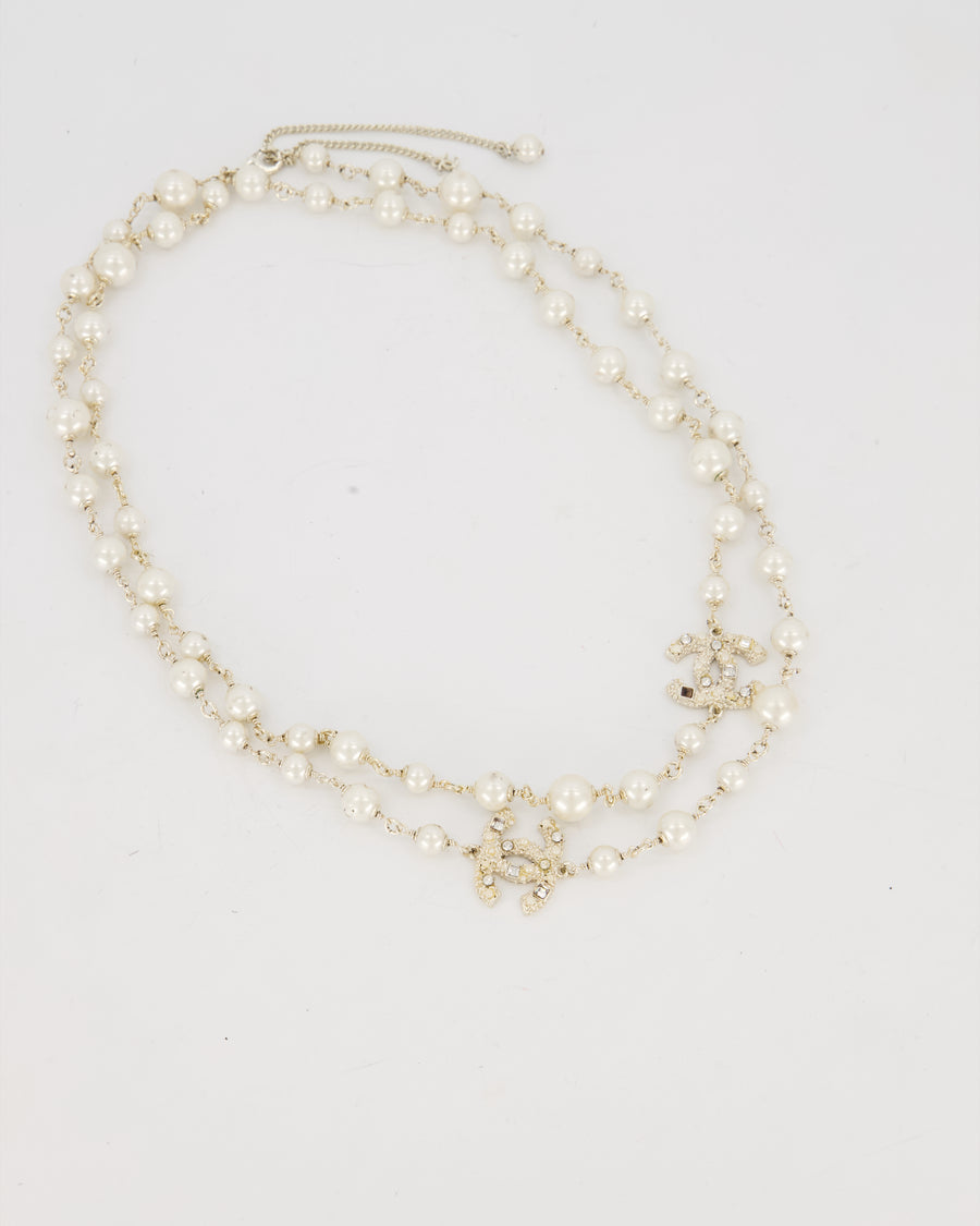 Chanel Pearl Long Necklace with CC Logo Crystal Embellishments and Silver Hardware