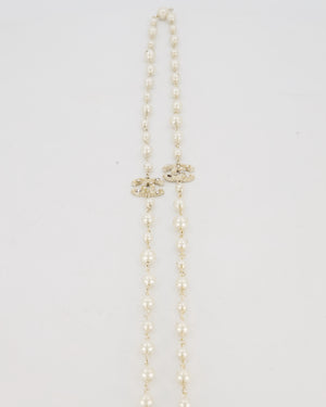Chanel Pearl Long Necklace with CC Logo Crystal Embellishments and Silver Hardware