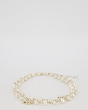 Chanel Pearl Long Necklace with CC Logo Crystal Embellishments and Silver Hardware