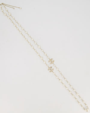 Chanel Pearl Long Necklace with CC Logo Crystal Embellishments and Silver Hardware