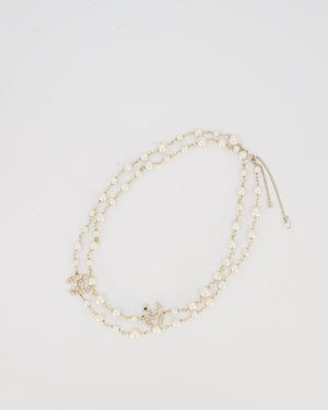 Chanel Pearl Long Necklace with CC Logo Crystal Embellishments and Silver Hardware