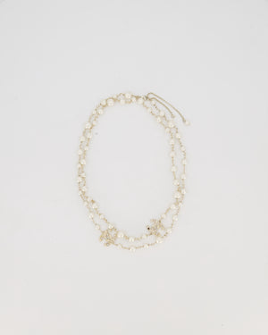Chanel Pearl Long Necklace with CC Logo Crystal Embellishments and Silver Hardware