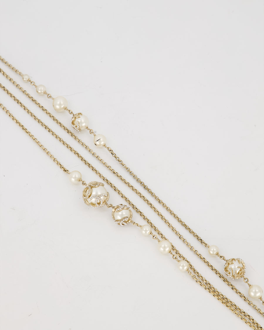*HOT* Chanel Champagne Gold Long Necklace with Pearls and CC Details