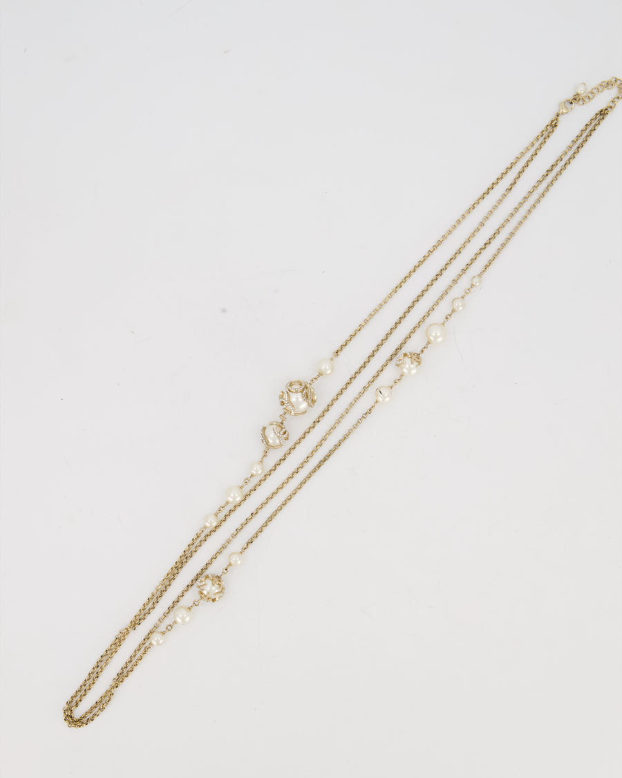 *HOT* Chanel Champagne Gold Long Necklace with Pearls and CC Details