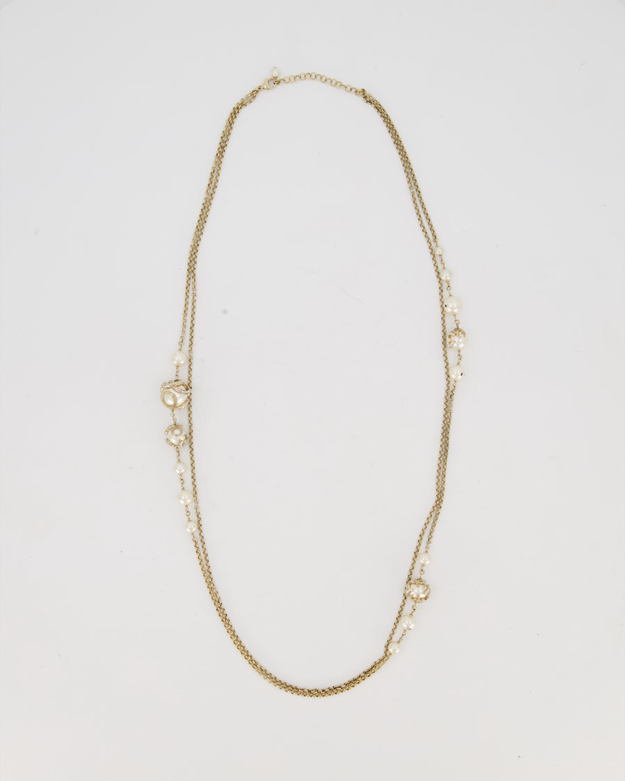 *HOT* Chanel Champagne Gold Long Necklace with Pearls and CC Details