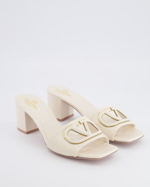Valentino White Leather V-Logo Signature Heeled Mules with Gold Detail Size EU 37.5