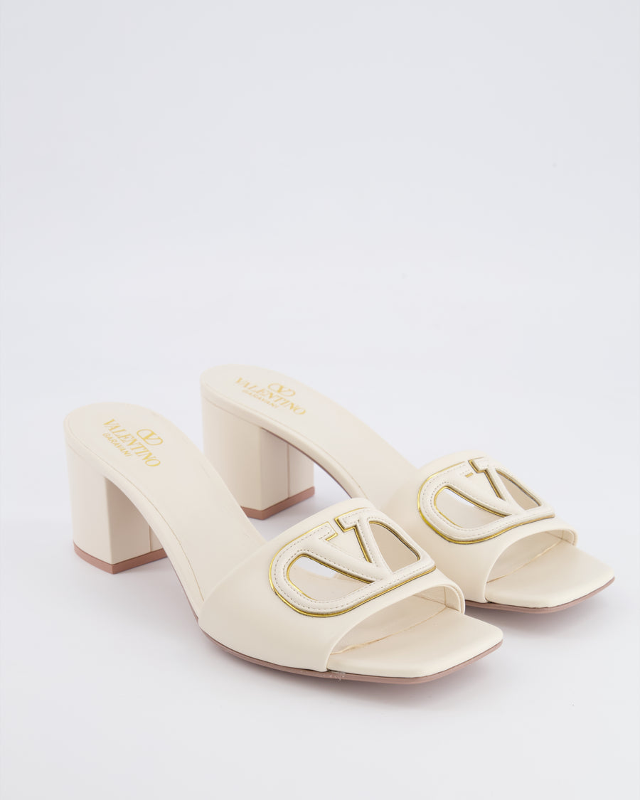 Valentino White Leather V-Logo Signature Heeled Mules with Gold Detail Size EU 37.5