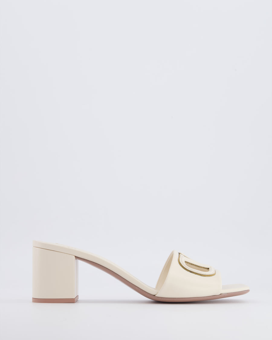 Valentino White Leather V-Logo Signature Heeled Mules with Gold Detail Size EU 37.5