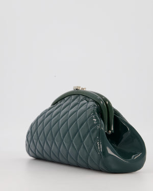 Chanel Dark Green Qulited Patent Leather Classic Clutch Bag in Silver Hardware