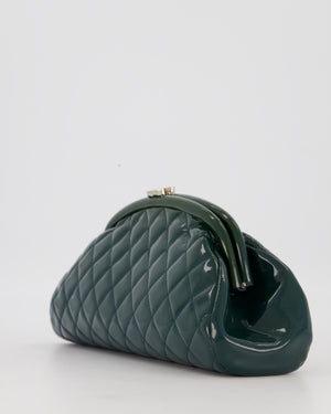 Chanel Dark Green Qulited Patent Leather Classic Clutch Bag in Silver Hardware