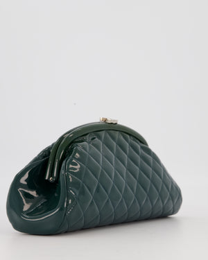 Chanel Dark Green Qulited Patent Leather Classic Clutch Bag in Silver Hardware