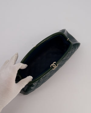 Chanel Dark Green Qulited Patent Leather Classic Clutch Bag in Silver Hardware