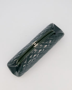Chanel Dark Green Qulited Patent Leather Classic Clutch Bag in Silver Hardware
