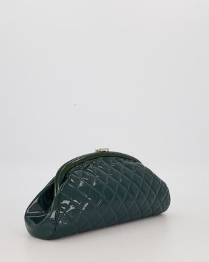 Chanel Dark Green Qulited Patent Leather Classic Clutch Bag in Silver Hardware