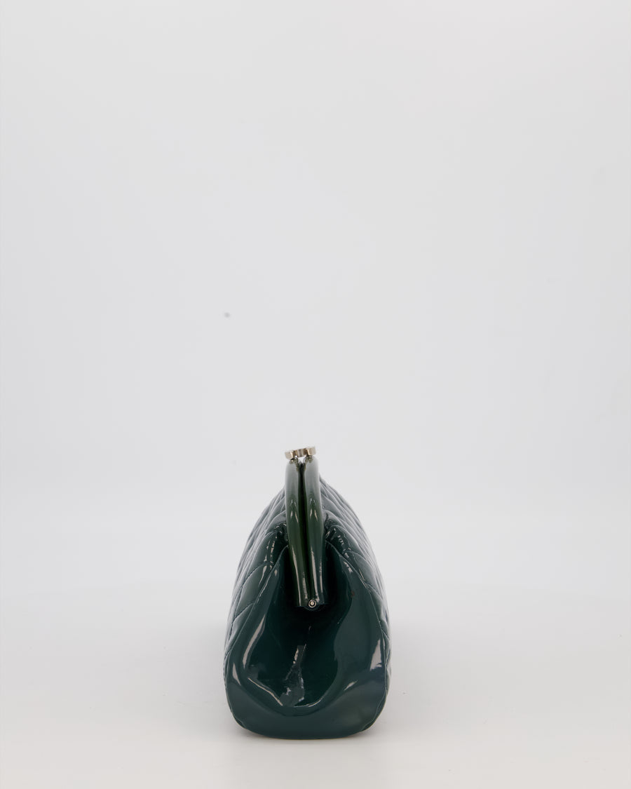Chanel Dark Green Qulited Patent Leather Classic Clutch Bag in Silver Hardware