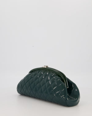 Chanel Dark Green Qulited Patent Leather Classic Clutch Bag in Silver Hardware