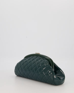 Chanel Dark Green Qulited Patent Leather Classic Clutch Bag in Silver Hardware