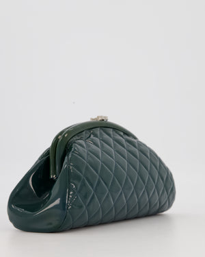 Chanel Dark Green Qulited Patent Leather Classic Clutch Bag in Silver Hardware