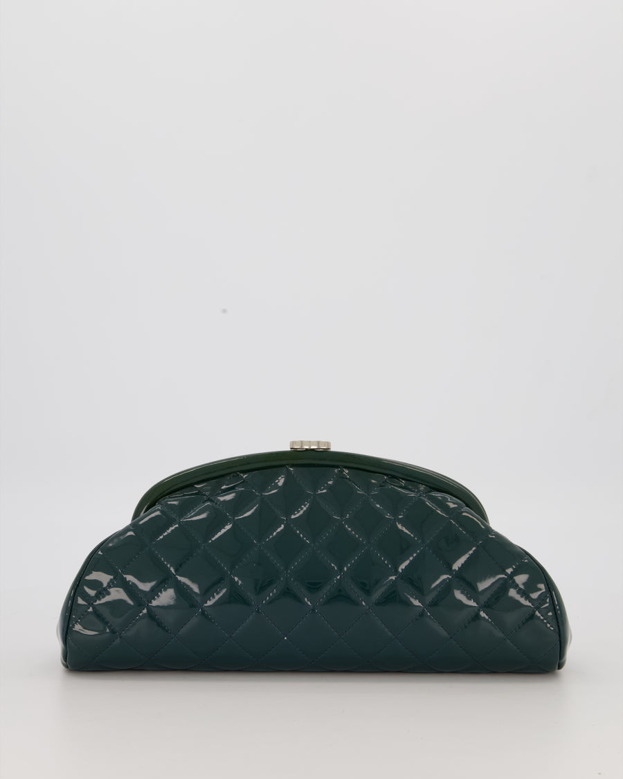 Chanel Dark Green Qulited Patent Leather Classic Clutch Bag in Silver Hardware
