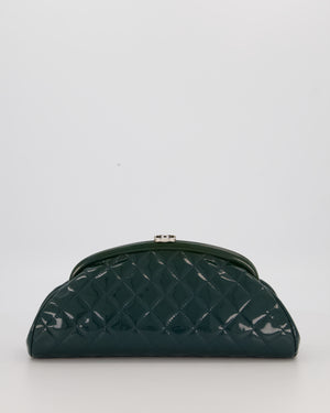 Chanel Dark Green Qulited Patent Leather Classic Clutch Bag in Silver Hardware