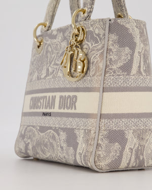 Christian Lady Dior Grey Medium Toile de Jouy Reverse Motif Bag in Embroidered Cannage Canvas with Champagne Gold Hardware