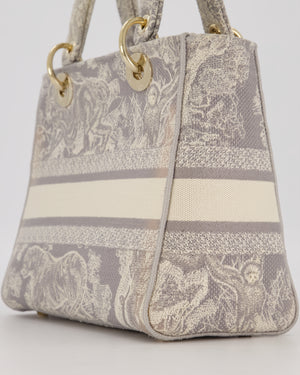 Christian Lady Dior Grey Medium Toile de Jouy Reverse Motif Bag in Embroidered Cannage Canvas with Champagne Gold Hardware