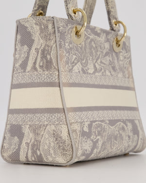 Christian Lady Dior Grey Medium Toile de Jouy Reverse Motif Bag in Embroidered Cannage Canvas with Champagne Gold Hardware