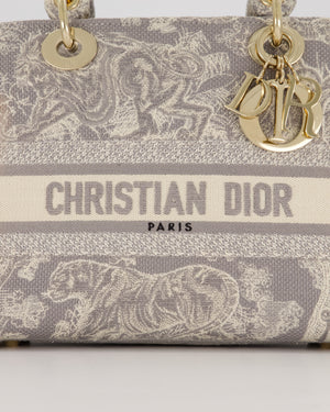 Christian Lady Dior Grey Medium Toile de Jouy Reverse Motif Bag in Embroidered Cannage Canvas with Champagne Gold Hardware