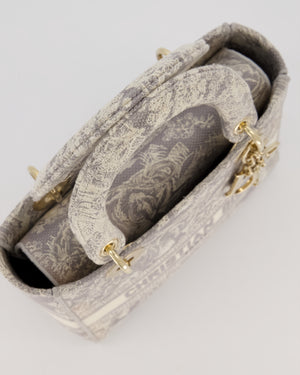 Christian Lady Dior Grey Medium Toile de Jouy Reverse Motif Bag in Embroidered Cannage Canvas with Champagne Gold Hardware