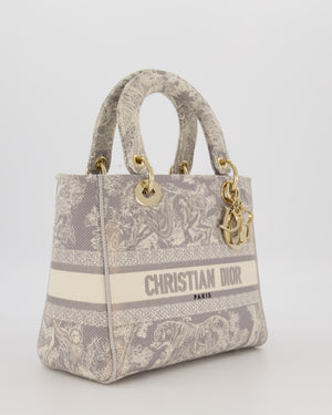 Christian Lady Dior Grey Medium Toile de Jouy Reverse Motif Bag in Embroidered Cannage Canvas with Champagne Gold Hardware