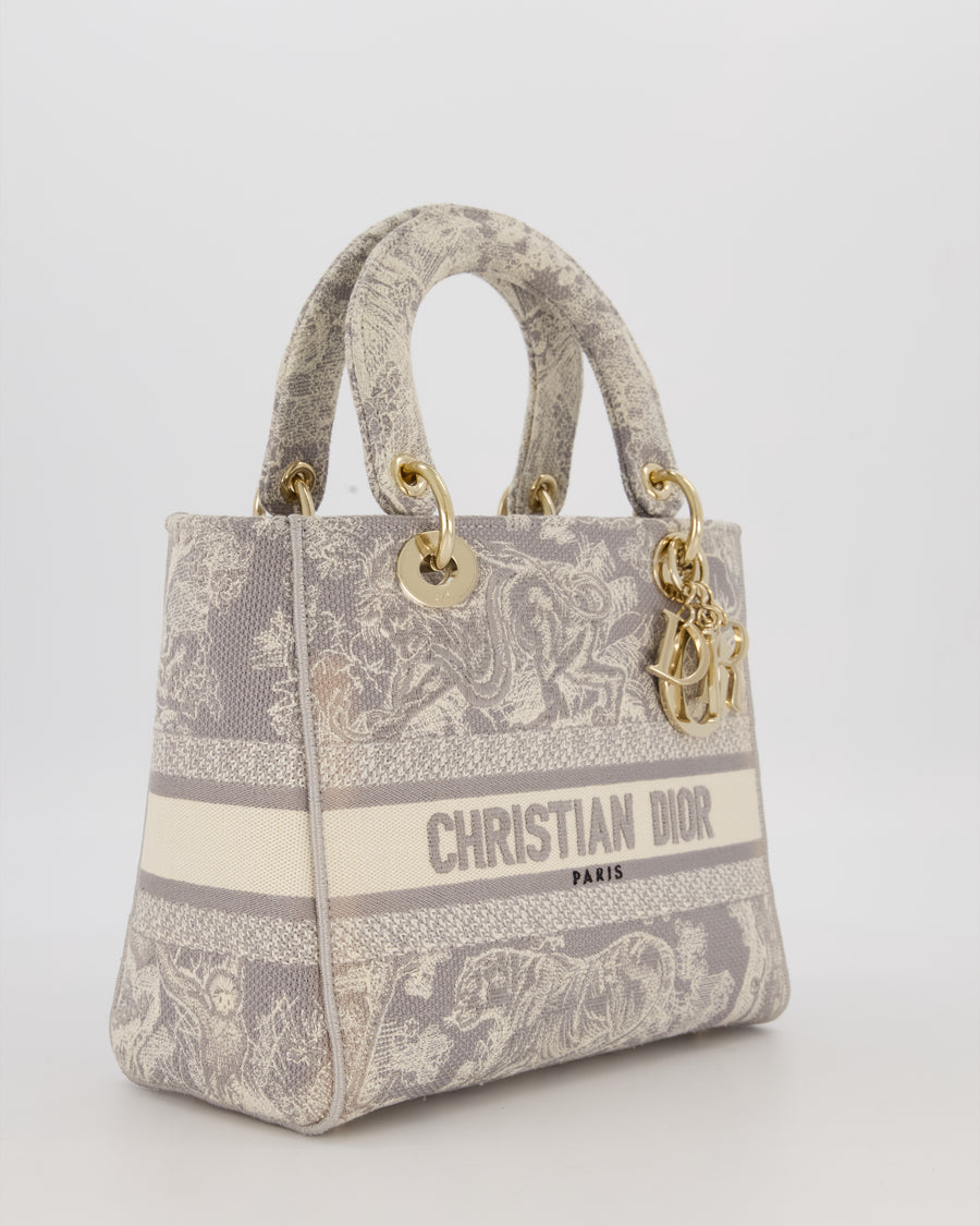 Christian Lady Dior Grey Medium Toile de Jouy Reverse Motif Bag in Embroidered Cannage Canvas with Champagne Gold Hardware
