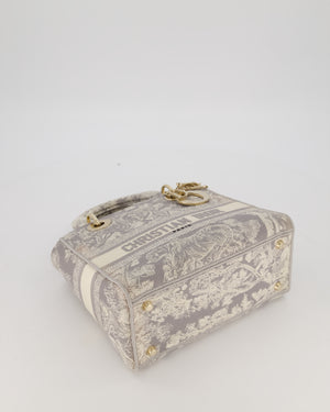 Christian Lady Dior Grey Medium Toile de Jouy Reverse Motif Bag in Embroidered Cannage Canvas with Champagne Gold Hardware