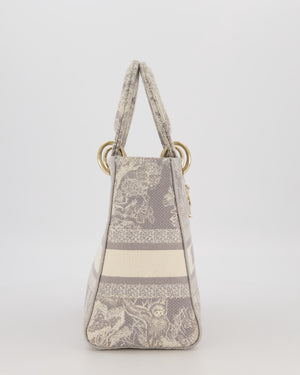 Christian Lady Dior Grey Medium Toile de Jouy Reverse Motif Bag in Embroidered Cannage Canvas with Champagne Gold Hardware
