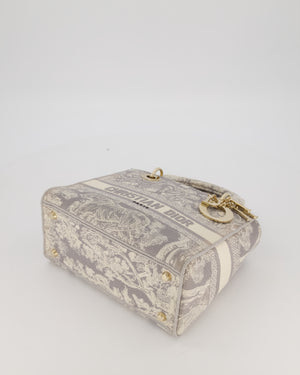 Christian Lady Dior Grey Medium Toile de Jouy Reverse Motif Bag in Embroidered Cannage Canvas with Champagne Gold Hardware