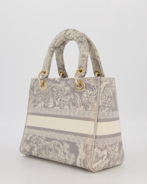 Christian Lady Dior Grey Medium Toile de Jouy Reverse Motif Bag in Embroidered Cannage Canvas with Champagne Gold Hardware