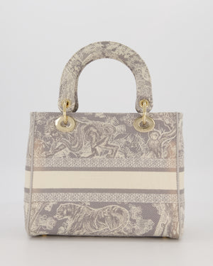 Christian Lady Dior Grey Medium Toile de Jouy Reverse Motif Bag in Embroidered Cannage Canvas with Champagne Gold Hardware