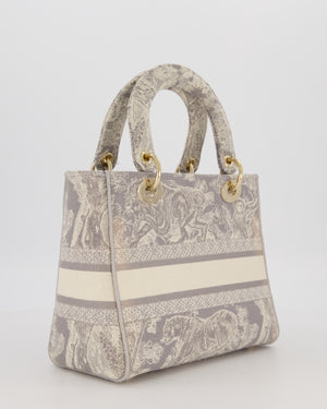 Christian Lady Dior Grey Medium Toile de Jouy Reverse Motif Bag in Embroidered Cannage Canvas with Champagne Gold Hardware