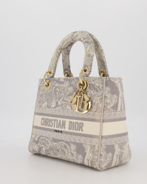 Christian Lady Dior Grey Medium Toile de Jouy Reverse Motif Bag in Embroidered Cannage Canvas with Champagne Gold Hardware