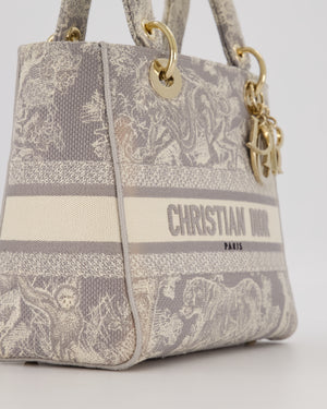 Christian Lady Dior Grey Medium Toile de Jouy Reverse Motif Bag in Embroidered Cannage Canvas with Champagne Gold Hardware