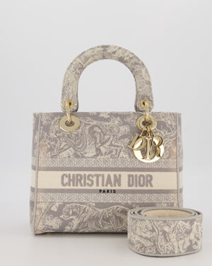 Christian Lady Dior Grey Medium Toile de Jouy Reverse Motif Bag in Embroidered Cannage Canvas with Champagne Gold Hardware