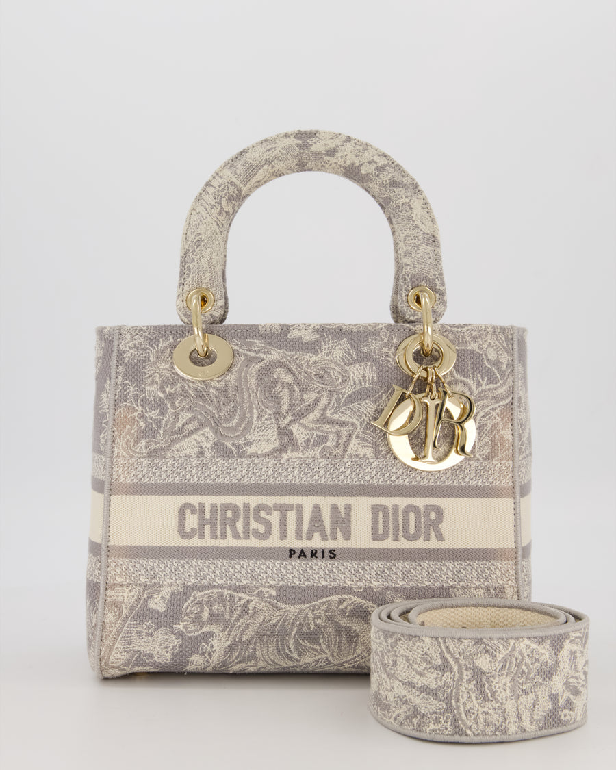 Christian Lady Dior Grey Medium Toile de Jouy Reverse Motif Bag in Embroidered Cannage Canvas with Champagne Gold Hardware