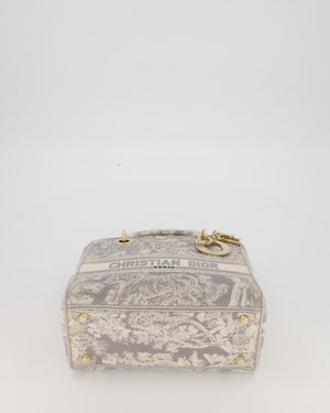 Christian Lady Dior Grey Medium Toile de Jouy Reverse Motif Bag in Embroidered Cannage Canvas with Champagne Gold Hardware