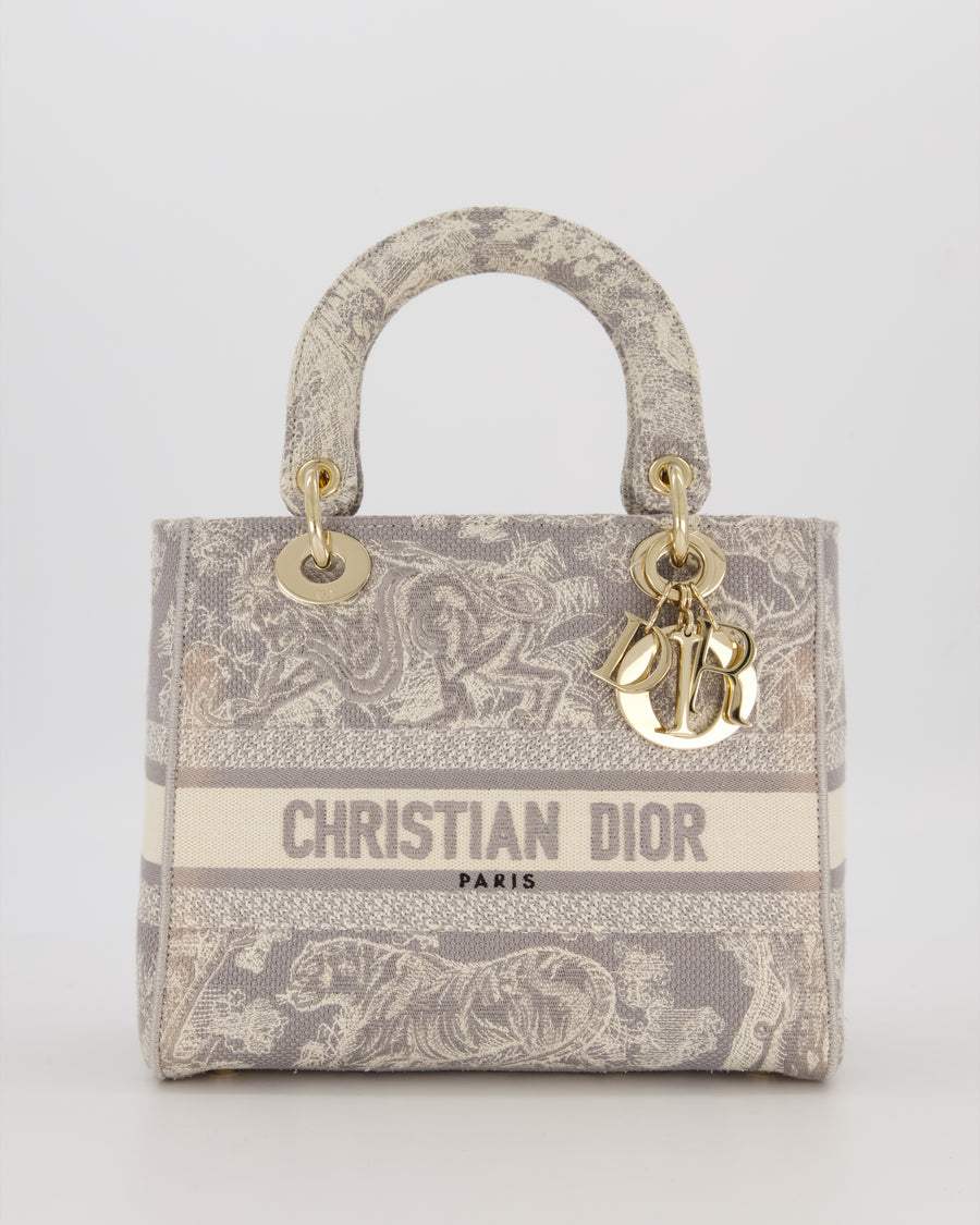 Christian Lady Dior Grey Medium Toile de Jouy Reverse Motif Bag in Embroidered Cannage Canvas with Champagne Gold Hardware