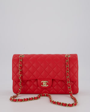 Chanel Medium Strawberry Red Classic Double Flap Bag in Lambskin Leather with Champagne Hardware