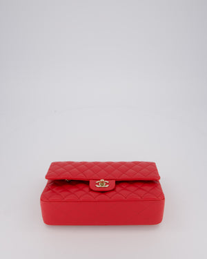 Chanel Medium Strawberry Red Classic Double Flap Bag in Lambskin Leather with Champagne Hardware