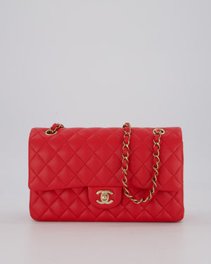 Chanel Medium Strawberry Red Classic Double Flap Bag in Lambskin Leather with Champagne Hardware