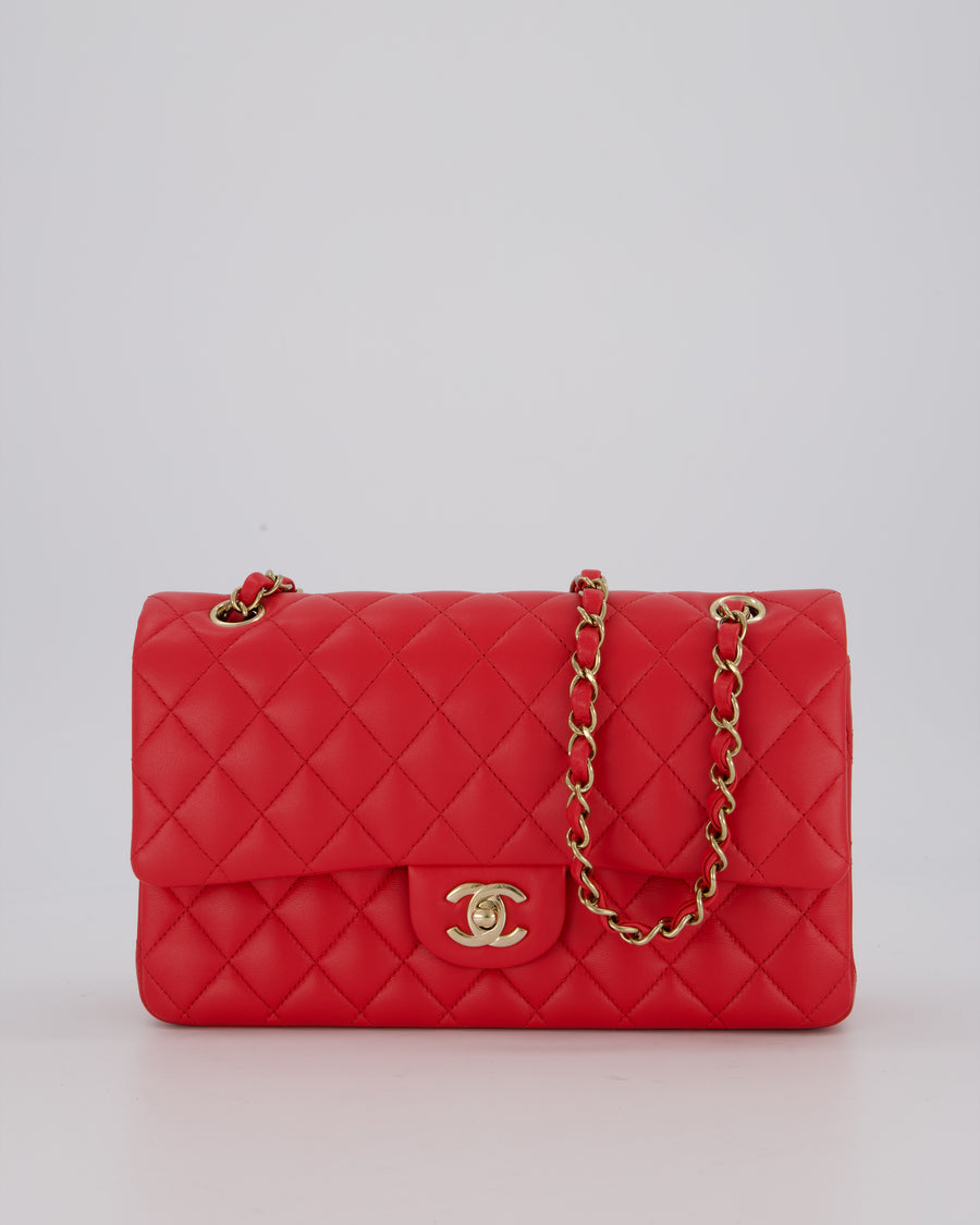 Chanel Medium Strawberry Red Classic Double Flap Bag in Lambskin Leather with Champagne Hardware